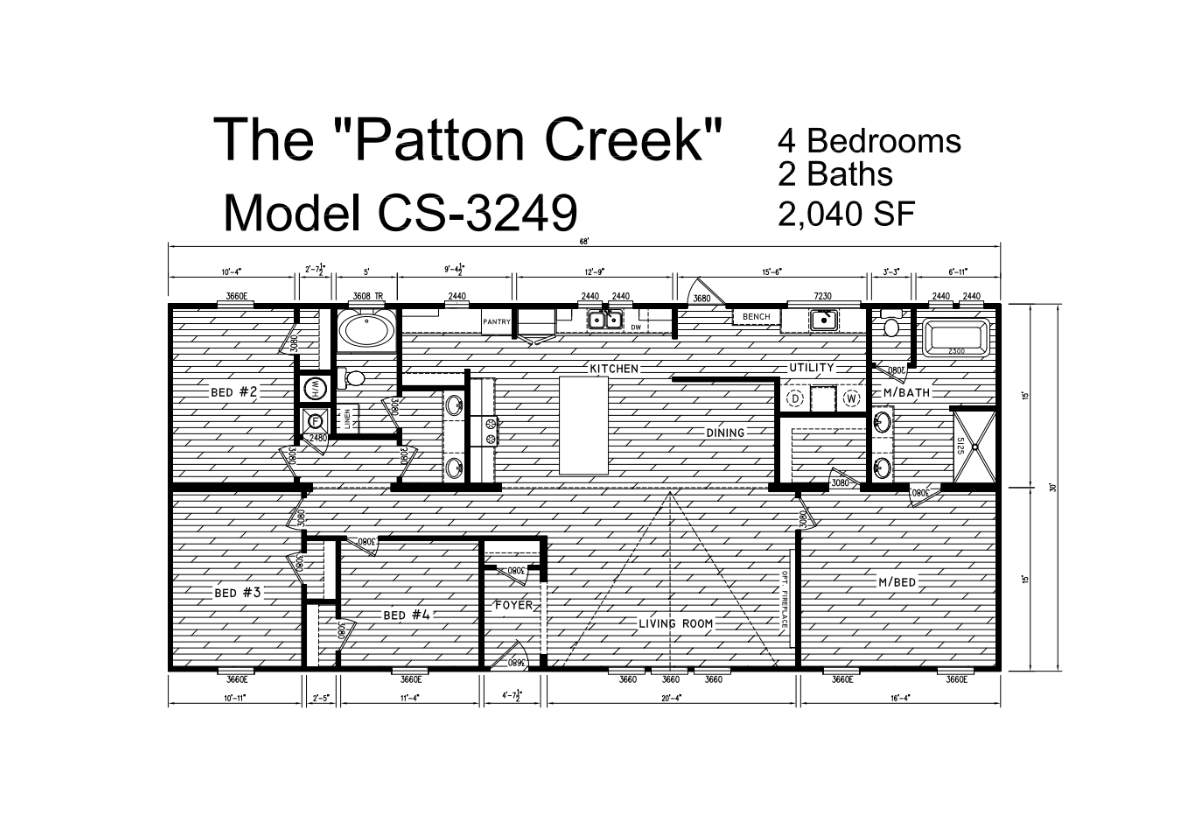 Floor plan view of the 2024 Patton Creek CS-3249, showcasing a spacious 4-bedroom, 2-bath layout with a grand foyer and large kitchen.